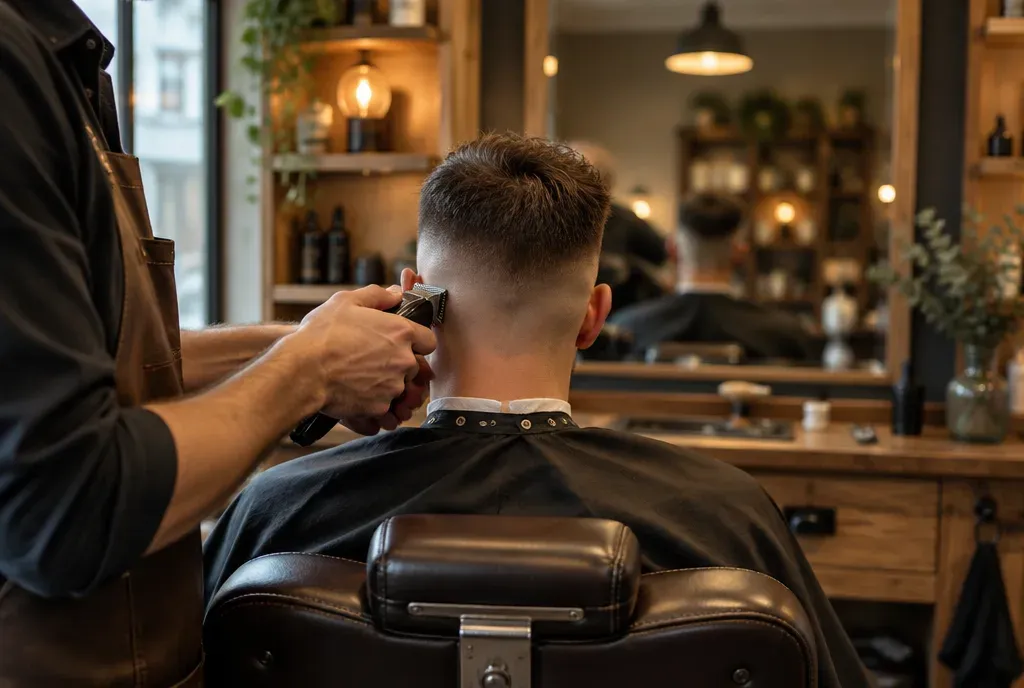 Een barbier werkt een korte fade bij in een barbershop.
