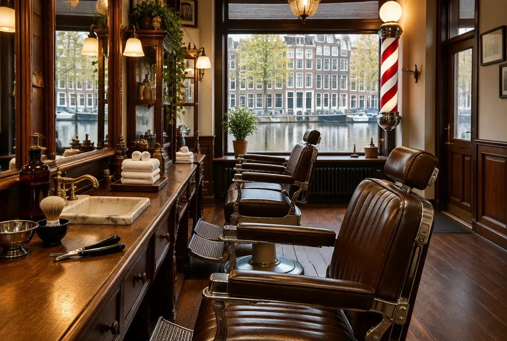 Een klassieke barbershop met leren stoelen, een scheermes en warme handdoeken.
