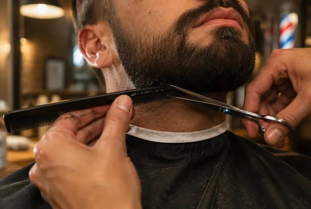 Een barbier knipt een korte baard netjes in vorm met schaar en kam.